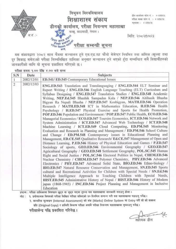 Examination Schedule for the M.Ed. 4th Semester Examination 2082