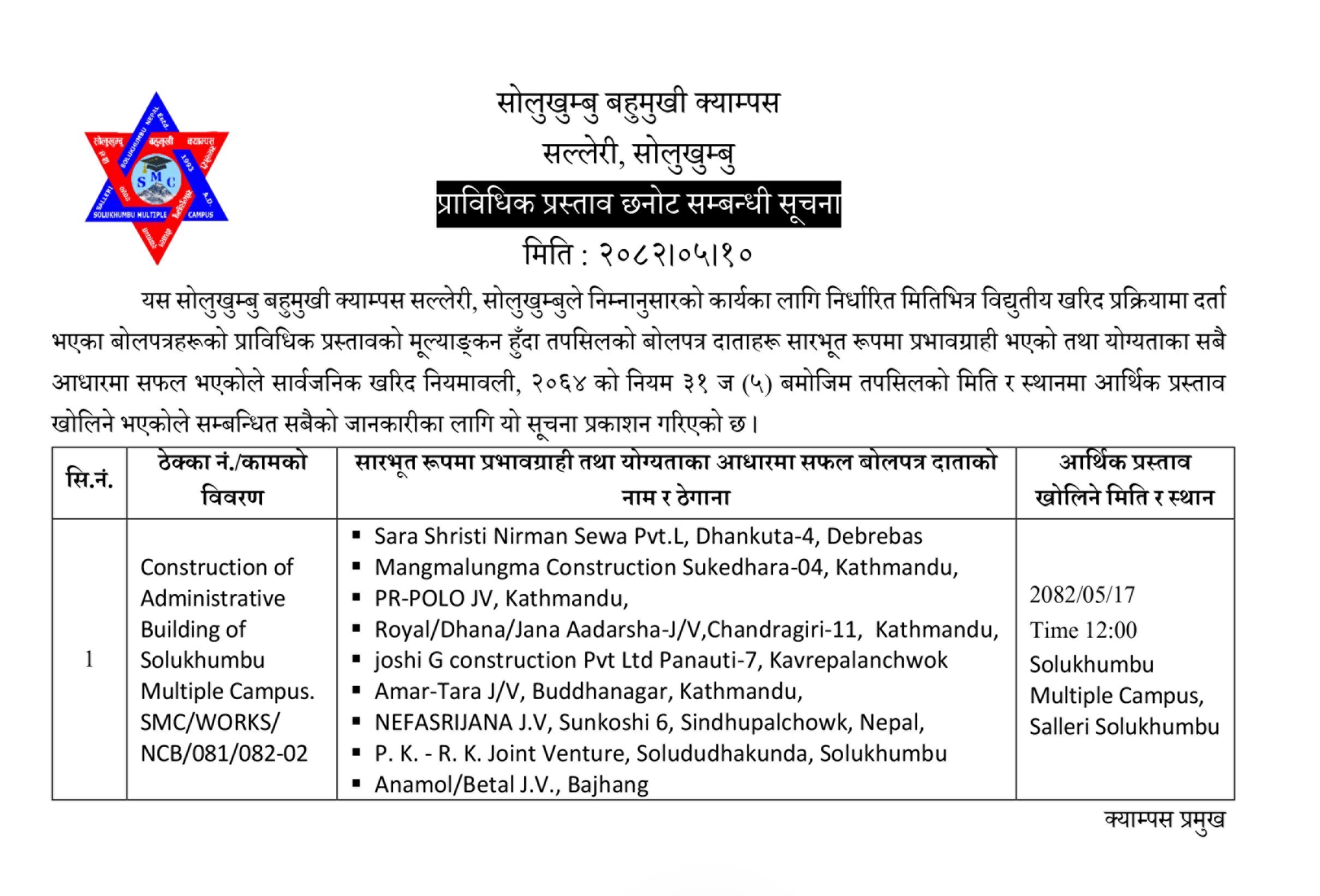 प्राविधिक प्रस्ताव छनोट सम्बन्धी सूचना