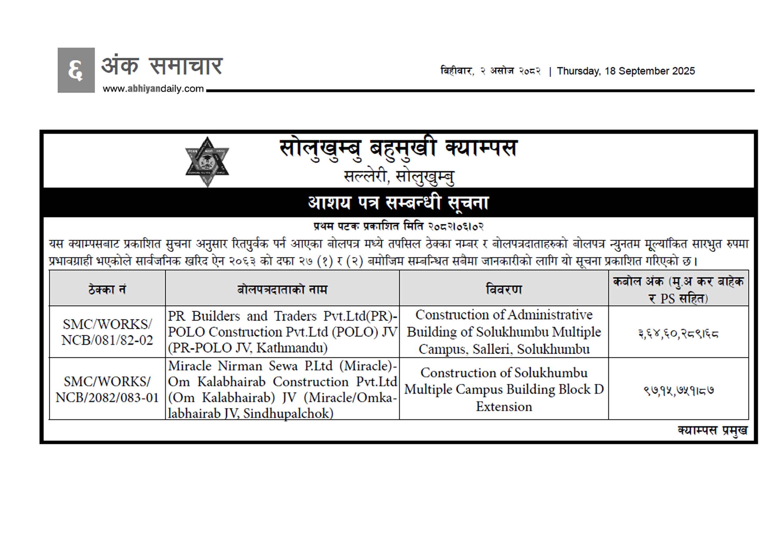 आशय पत्र सम्बन्धी सूचना !
